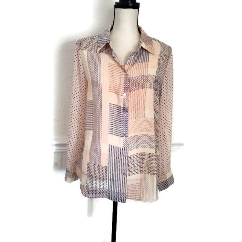 Rose & Olive Semi Sheer Long Sleeve Polka Dot Check Pattern Peach Black & Blue T - Picture 2 of 6